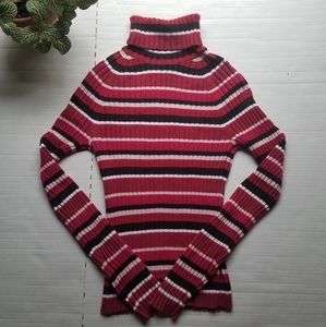Guess Jeans Striped Red Black and Pink Turtleneck